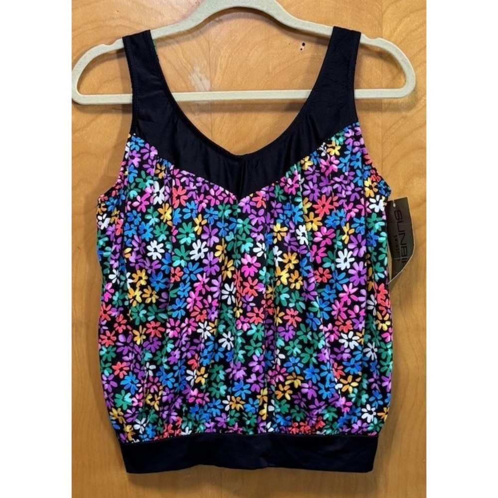 Vintage Sunbird Swimsuit TopTank Womens Union Made Stretchy Floral Deadstock 40‎